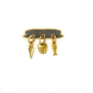 Gold Tone Bar Pin Brooch Dangle Charm Spear Head Mummy Mask Fish Textured Inset